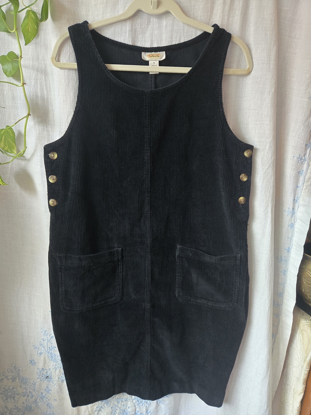Vintage 90s Talbots Black Corduroy Pinafore Dress with Button Detail, Small